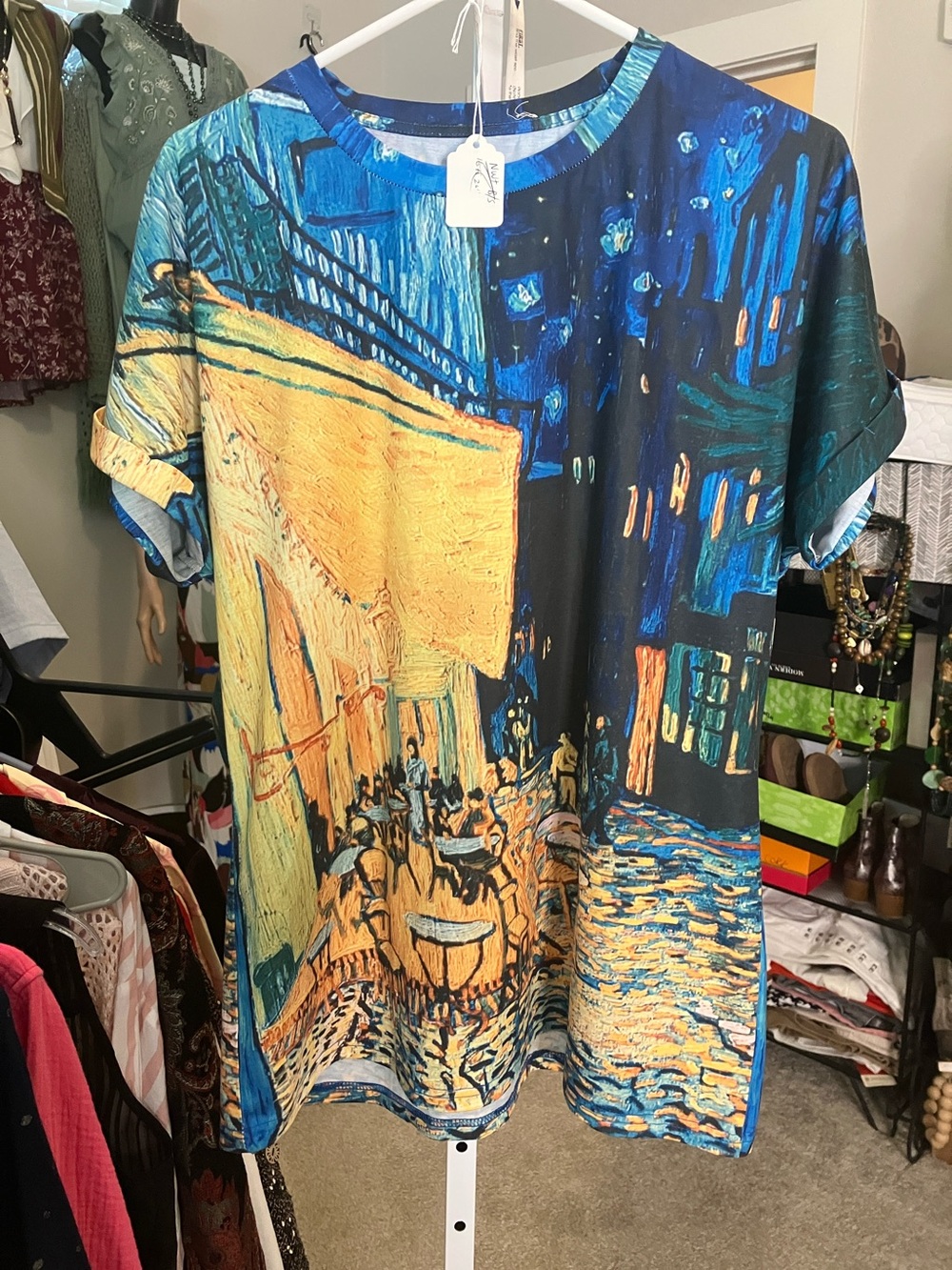 Artistic Blue & Yellow Short Sleeve Tee - Women's Casual Top